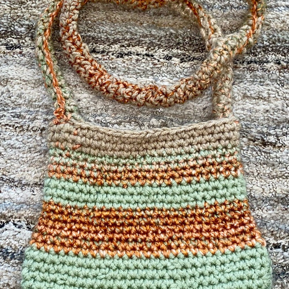 Handmade Crochet Crossbody Bag in Mint, Tan & Rust Orange (P)
